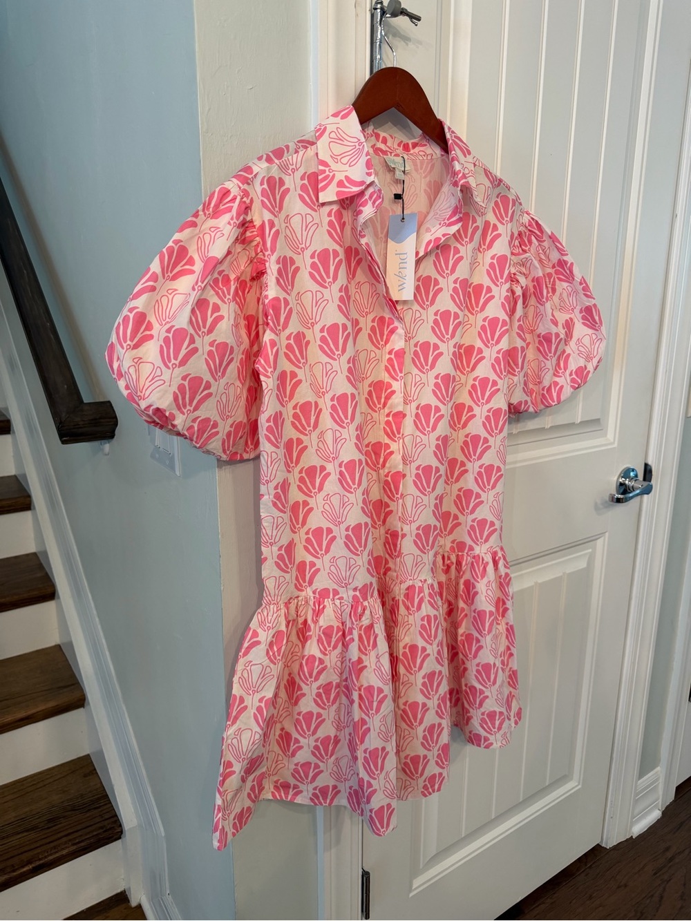 WKND The Frock It Dress Pink Shell Print Puff Sleeve Coastal Dress Medium - Picture 2 of 5